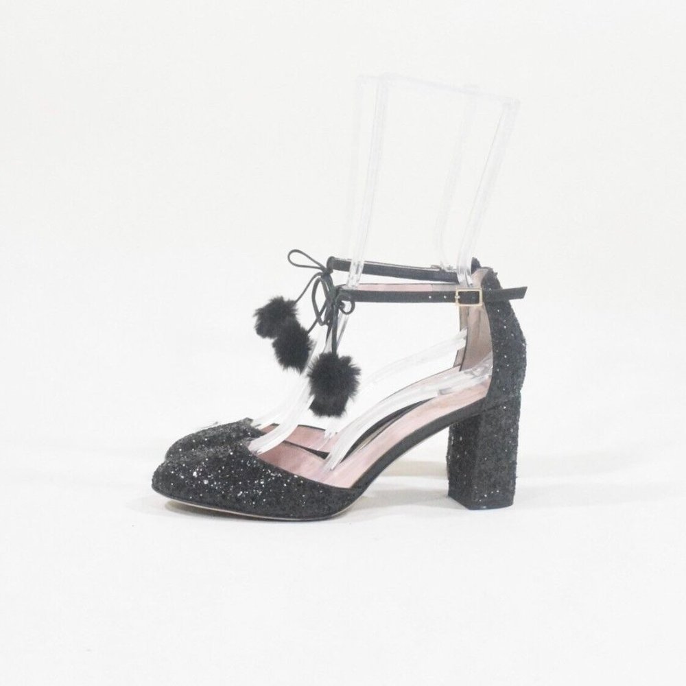 Kate Spade Black Glitter Ankle Strap Pom Pom Block Heels